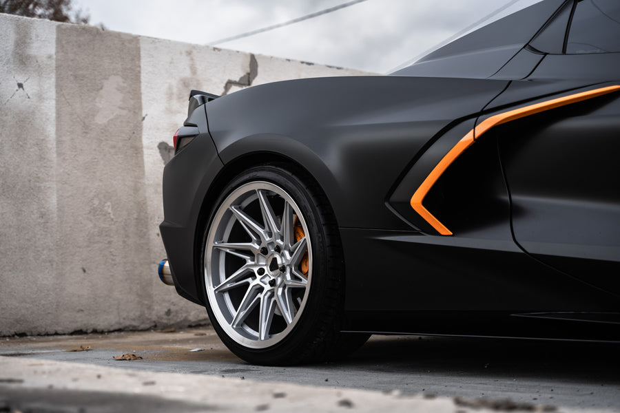 A 2021 Chevrolet Corvette C8 on Blaque Diamond BD-F20 Brushed Silver Wheels