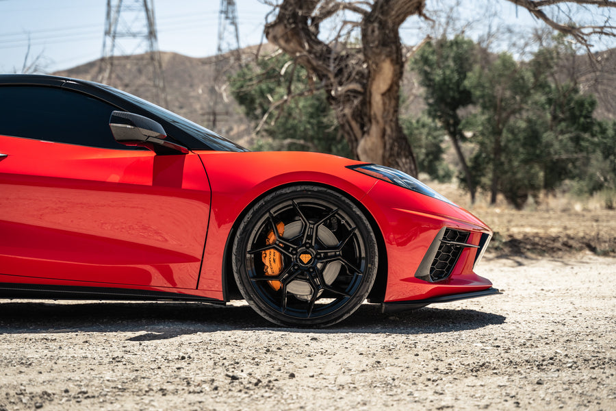 A Red 2021 Chevrolet Corvette C8 on Blaque Diamond BD-F25 Gloss Black Wheels