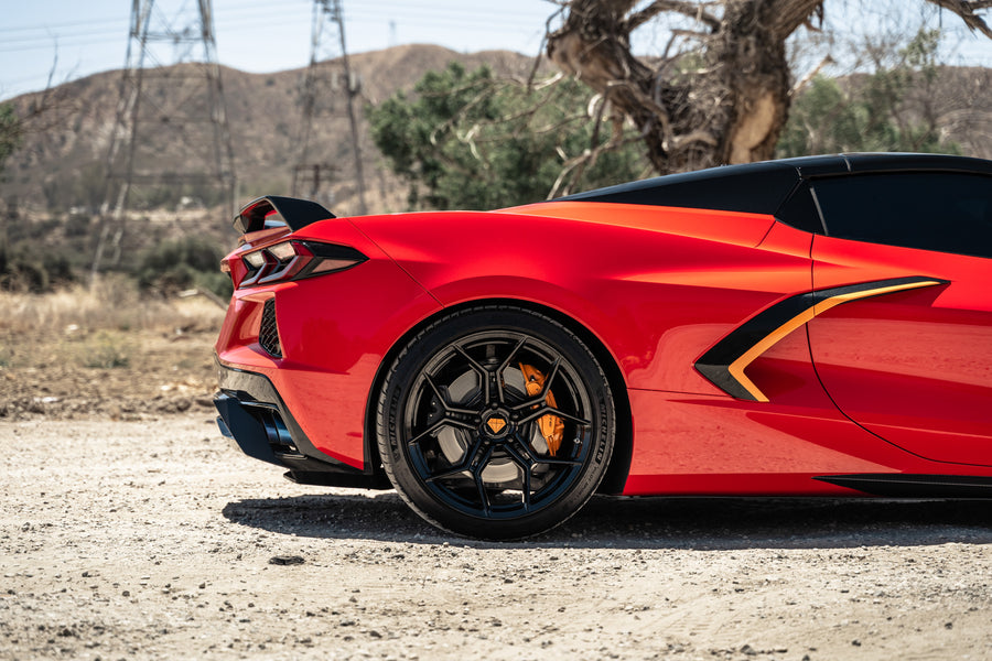 A Red 2021 Chevrolet Corvette C8 on Blaque Diamond BD-F25 Gloss Black Wheels