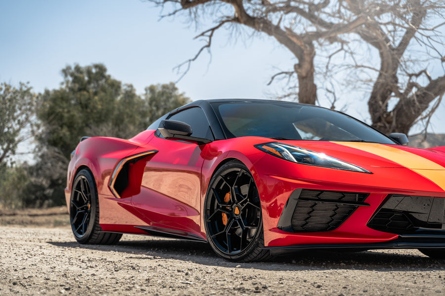 A Red 2021 Chevrolet Corvette C8 on Blaque Diamond BD-F25 Gloss Black Wheels