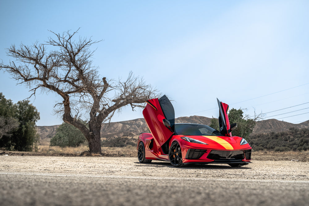 A Red 2021 Chevrolet Corvette C8 on Blaque Diamond BD-F25 Gloss Black Wheels
