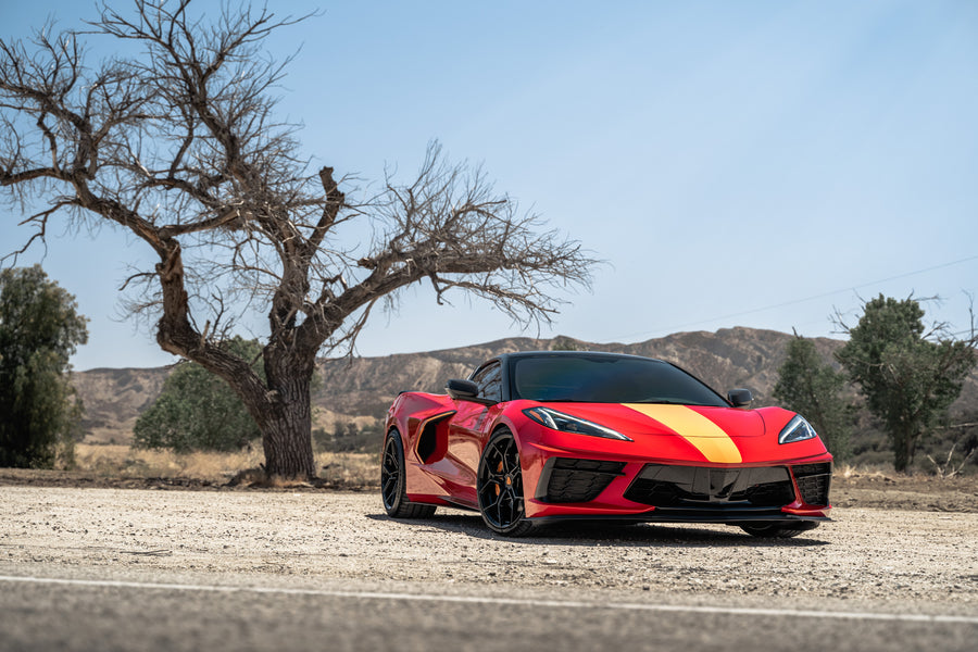 A Red 2021 Chevrolet Corvette C8 on Blaque Diamond BD-F25 Gloss Black Wheels