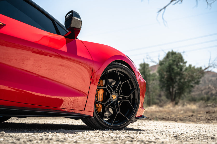 A Red 2021 Chevrolet Corvette C8 on Blaque Diamond BD-F25 Gloss Black Wheels