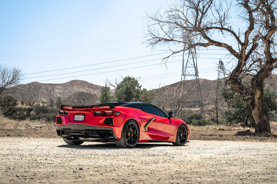A Red 2021 Chevrolet Corvette C8 on Blaque Diamond BD-F25 Gloss Black Wheels