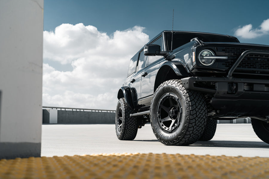 A 2022 Ford Bronco on Blaque Diamond BD-O728 Textured Black Wheels