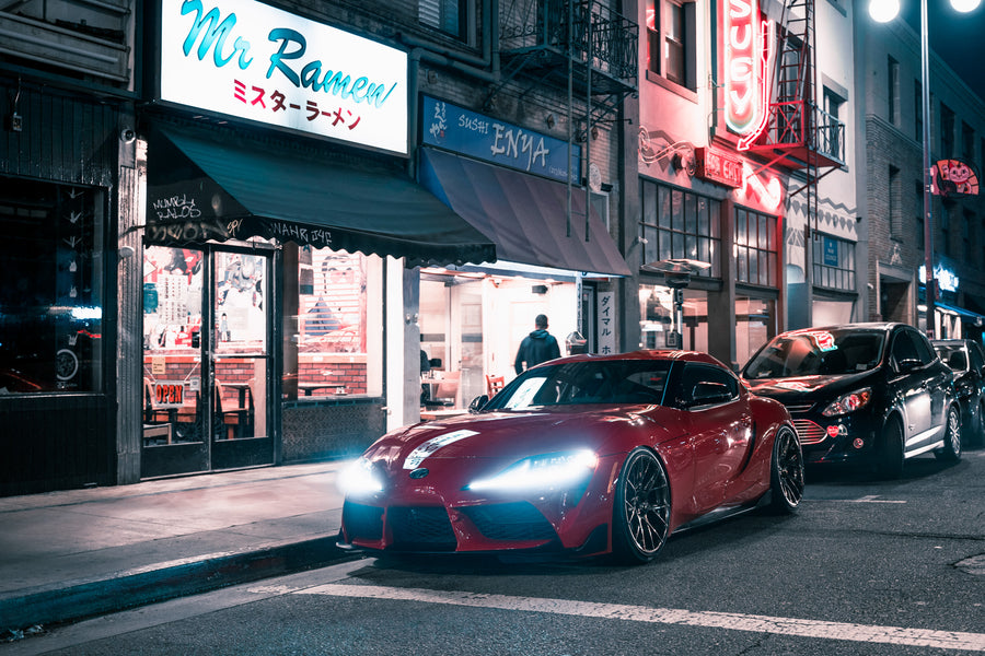 A 2020 Toyota Supra on Blaque Diamond BD-F18 Polished Bronze Little Tokyo Wheels