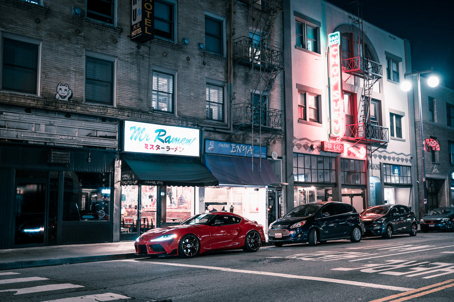 A 2020 Toyota Supra on Blaque Diamond BD-F18 Polished Bronze Little Tokyo Wheels