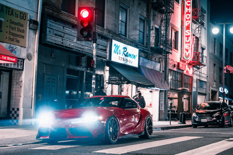 A 2020 Toyota Supra on Blaque Diamond BD-F18 Polished Bronze Little Tokyo Wheels