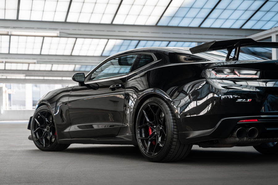 A 2018 Chevrolet Camaro ZL1 1LE on Blaque Diamond BD-F25 Gloss Black Wheels