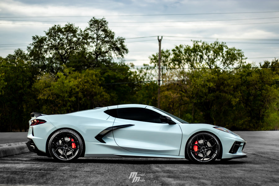 A 2020 Chevrolet Corvette C8 on Blaque Diamond BD-F25 Gloss Black Wheels