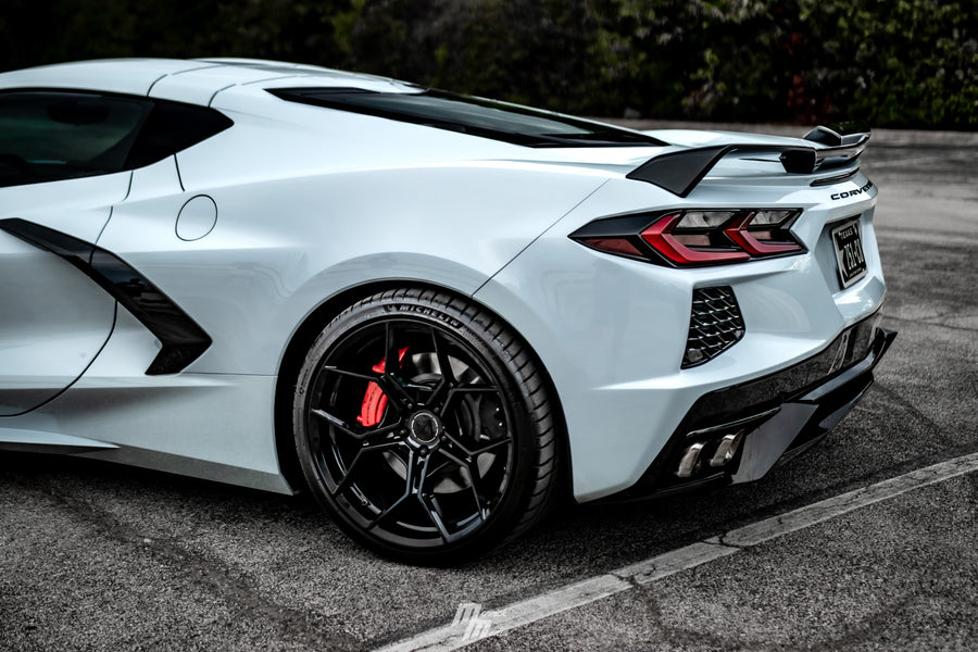 A 2020 Chevrolet Corvette C8 on Blaque Diamond BD-F25 Gloss Black Wheels