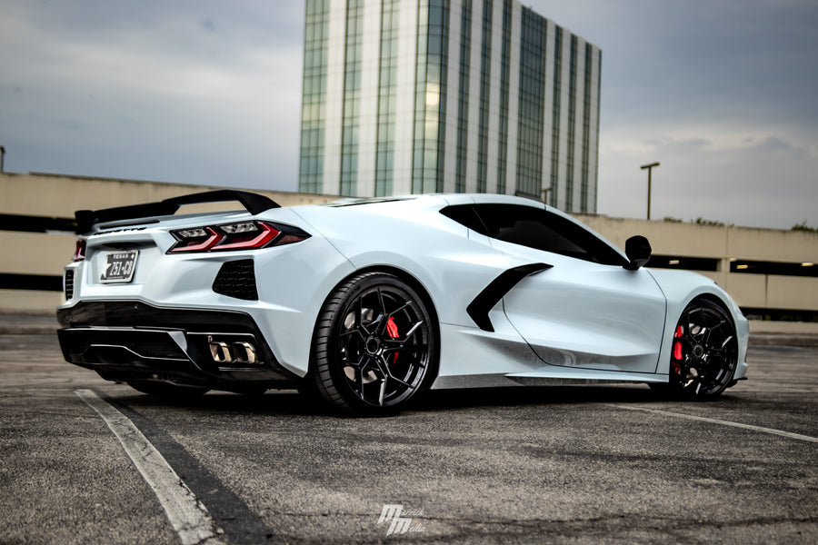 A 2020 Chevrolet Corvette C8 on Blaque Diamond BD-F25 Gloss Black Wheels