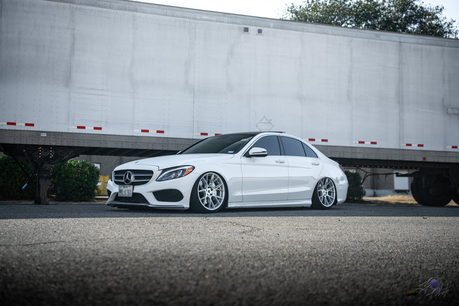 A Bagged 2020 Mercedes-Benz C300 on Blaque Diamond BD-F18 Brushed Silver Wheels