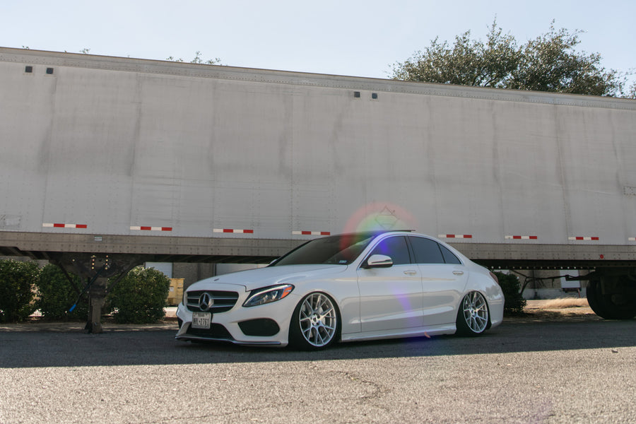 A Bagged 2020 Mercedes-Benz C300 on Blaque Diamond BD-F18 Brushed Silver Wheels