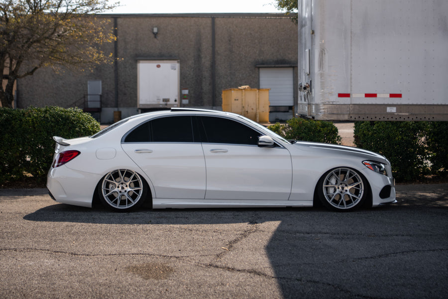 A Bagged 2020 Mercedes-Benz C300 on Blaque Diamond BD-F18 Brushed Silver Wheels