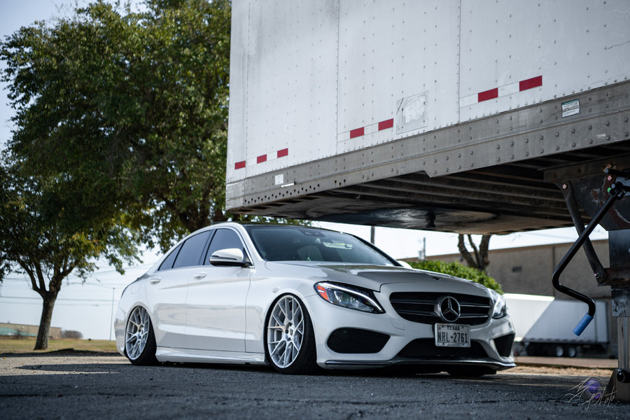 A Bagged 2020 Mercedes-Benz C300 on Blaque Diamond BD-F18 Brushed Silver Wheels