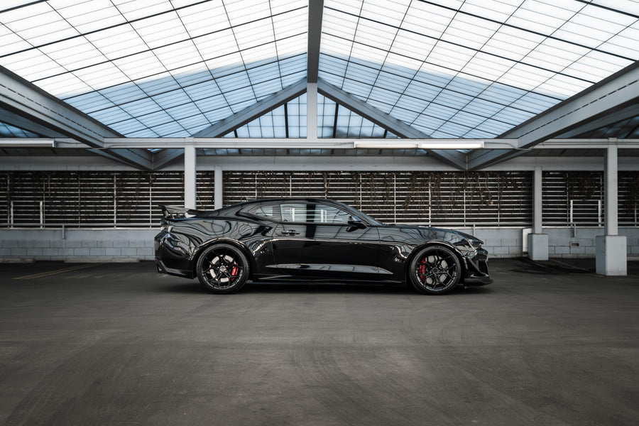 A 2018 Chevrolet Camaro ZL1 1LE on Blaque Diamond BD-F25 Gloss Black Wheels