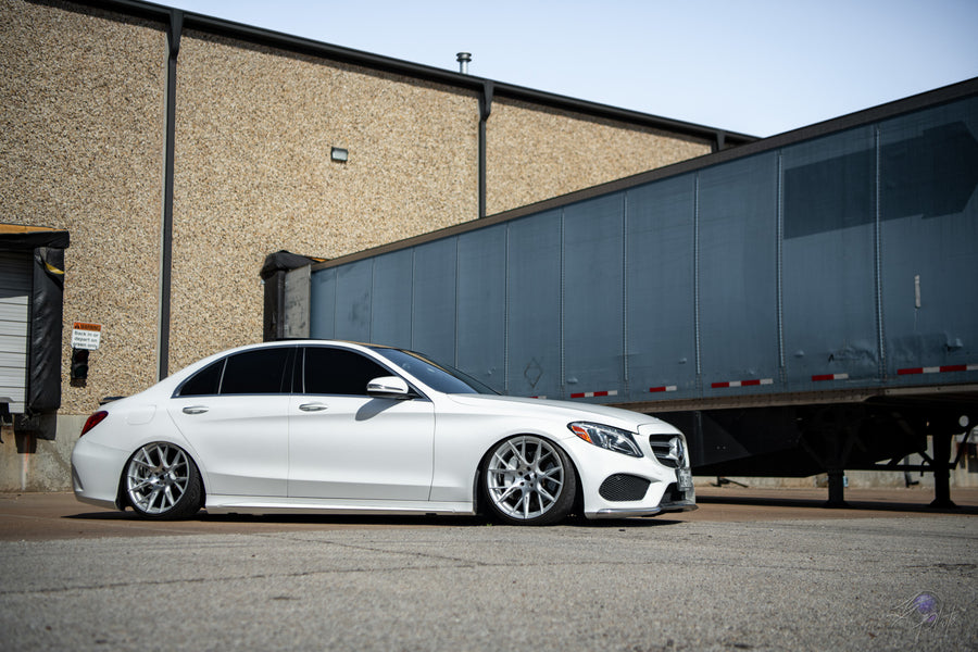 A Bagged 2020 Mercedes-Benz C300 on Blaque Diamond BD-F18 Brushed Silver Wheels