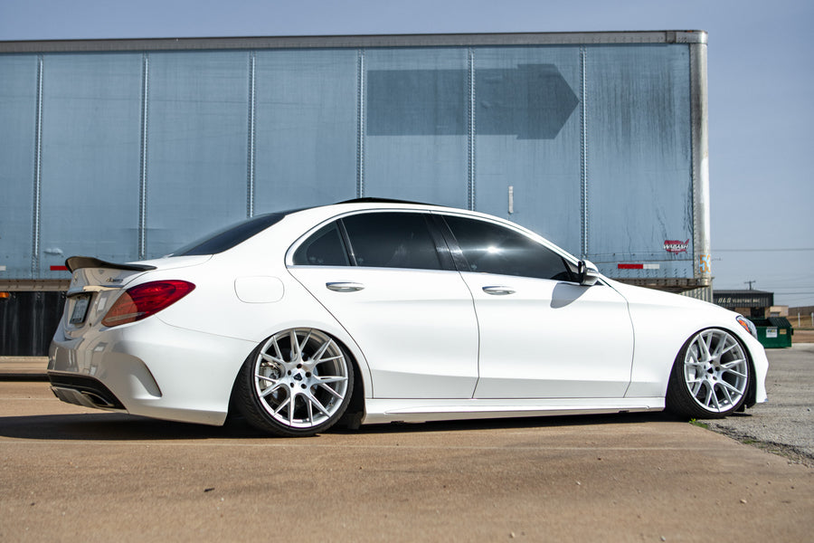 A Bagged 2020 Mercedes-Benz C300 on Blaque Diamond BD-F18 Brushed Silver Wheels