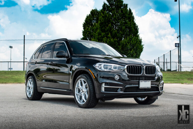 A 2015 BMW X5 on 20 Inch Blaque Diamond BD-F25 Brushed Silver Wheels