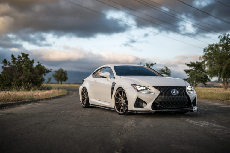 A White 2016 Lexus RCF on 20 Inch Blaque Diamond BD-11 Polished Rose Gold Wheels