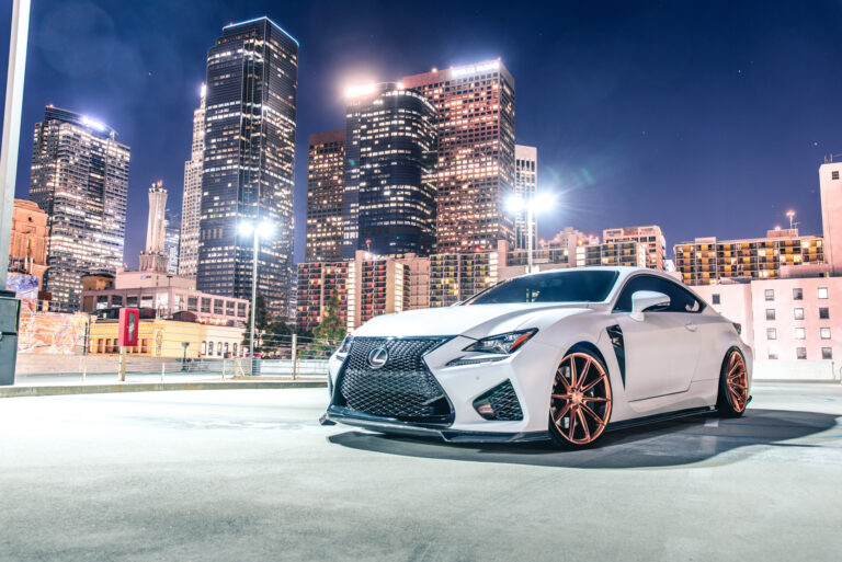 A White 2016 Lexus RCF on 20 Inch Blaque Diamond BD-11 Polished Rose Gold Wheels