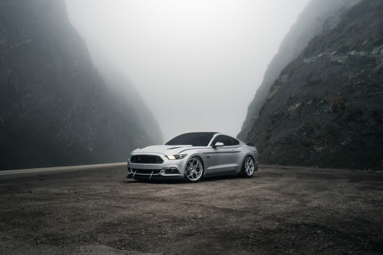 A 2016 Ford Mustang GT on 20 Inch Blaque Diamond BD-F25 Brushed Silver Wheels