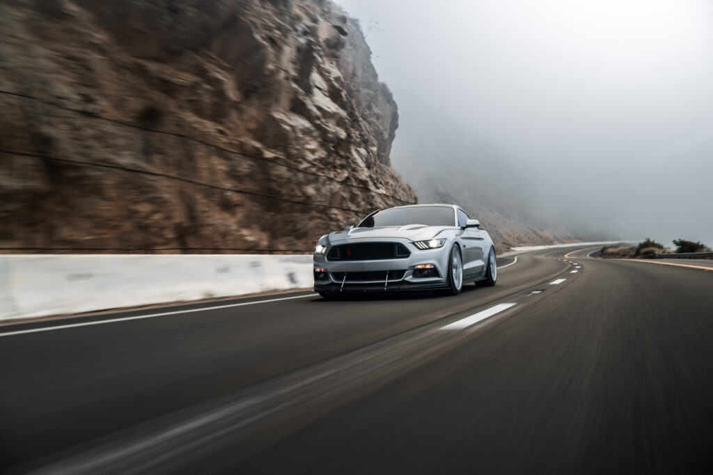 A 2016 Ford Mustang GT on 20 Inch Blaque Diamond BD-F25 Brushed Silver Wheels