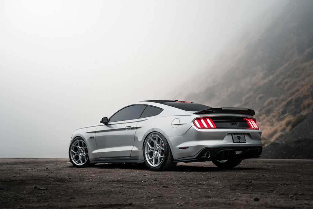 A 2016 Ford Mustang GT on 20 Inch Blaque Diamond BD-F25 Brushed Silver Wheels