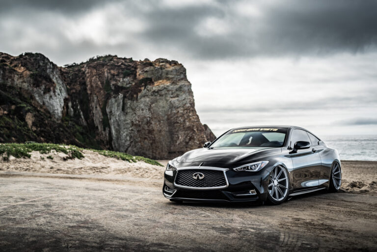 A 2017 Infinity Q60 on 20 Inch Blaque Diamond BD-11 Frozen Silver Wheels