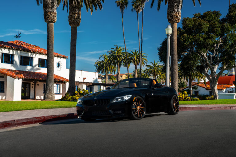 A 2018 BMW Z4 on 20 Inch Blaque Diamond BD-11 Orange Black Wheels