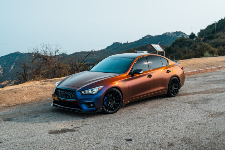 A 2018 Infiniti Q50 on Blaque Diamond BD-F18 Gloss Black Wheels