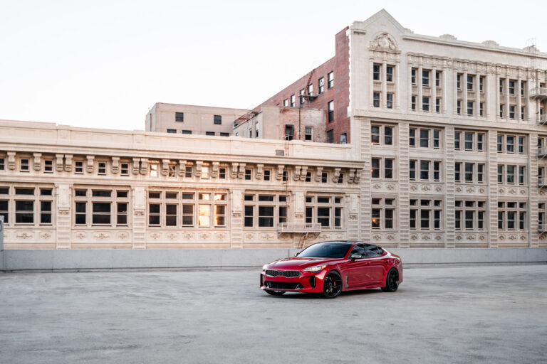 A 2019 Kia Stinger GT on 20 Inch Blaque Diamond BD-F25 Gloss Black Wheels