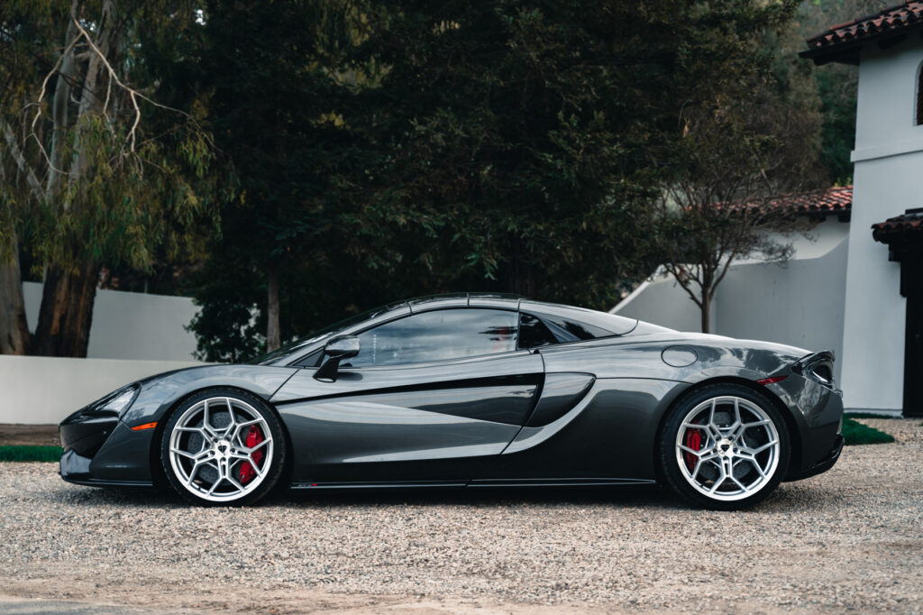 A 2019 McLaren 570s on 20 Inch Blaque Diamond BD-F25 Brushed Silver Wheels