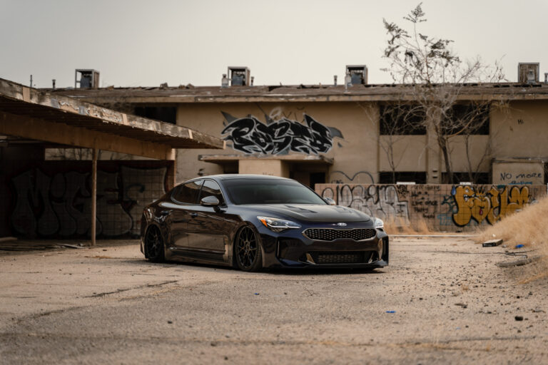 A 2020 Kia Stinger GT AWD on Blaque Diamond BD-F18 Gloss Black Wheels