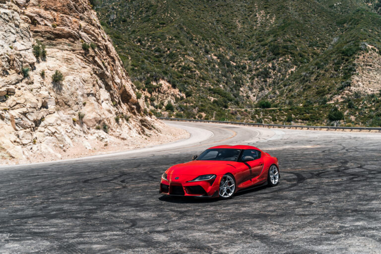 A 2020 Toyota Supra on 20 Inch Blaque Diamond BD-F25 Brushed Silver Wheels