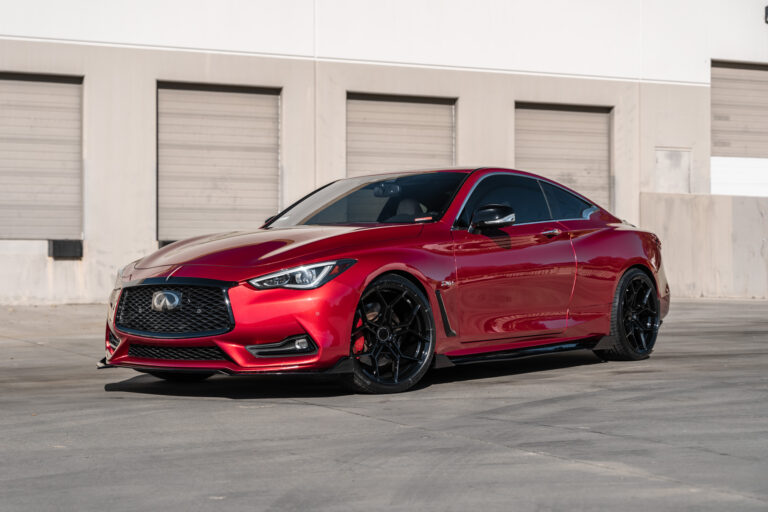 A 2017 Infiniti Q60 Red Sport on Blaque Diamond BD-F25 Gloss Black Wheels