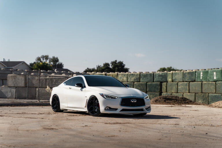 A 2017 Infiniti Q60S Red Sport on Blaque Diamond BD-F25 Gloss Black Wheels