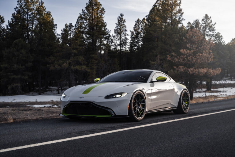 A 2020 Aston Martin Vantage on Blaque Diamond BD-F18 Gloss Black with Shocker Green Barrel Wheels