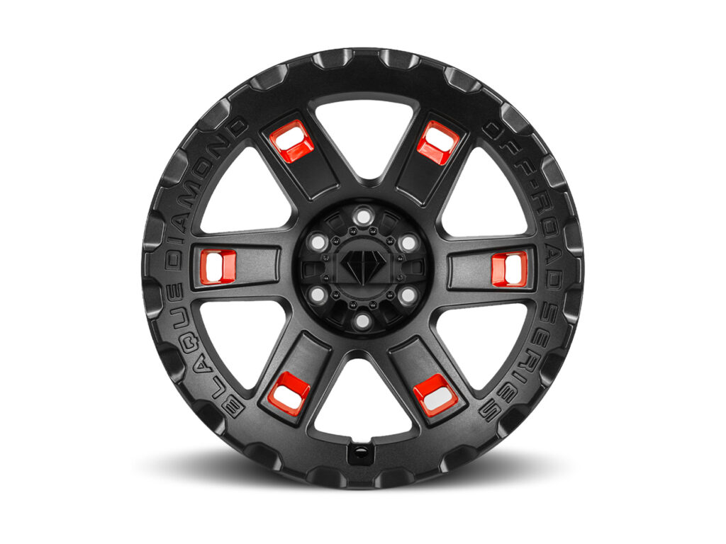 Blaque Diamond BD-O801 Textured Black with Gloss Red Pockets Custom Finish Offroad Series Wheel Product Photo