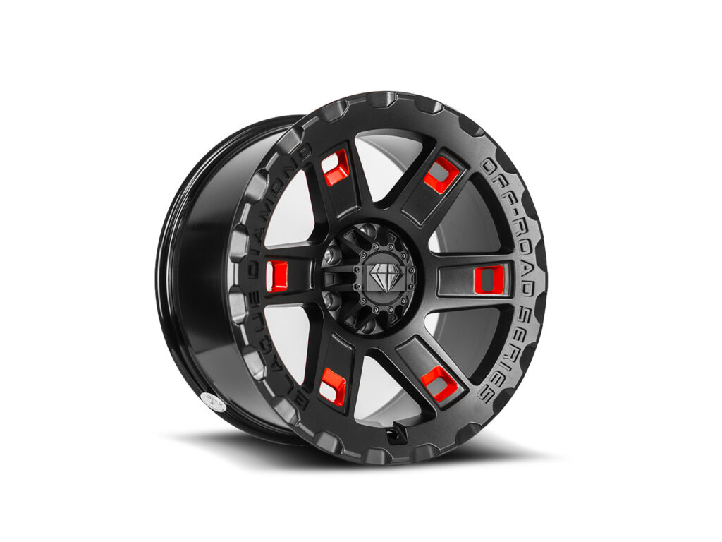 Blaque Diamond BD-O801 Textured Black with Gloss Red Pockets Custom Finish Offroad Series Wheel Product Photo