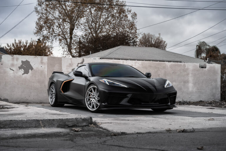 A 2021 Chevrolet Corvette C8 on Blaque Diamond BD-F20 Brushed Silver Wheels