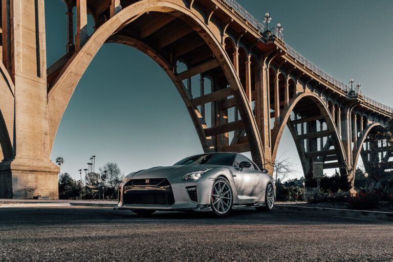 A 2022 Nissan GTR on Blaque Diamond BD-F29 Brushed Silver Wheels