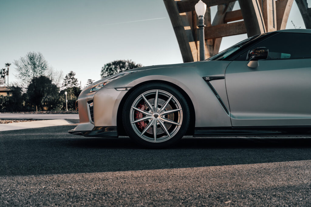 A 2022 Nissan GTR on Blaque Diamond BD-F29 Brushed Silver Wheels