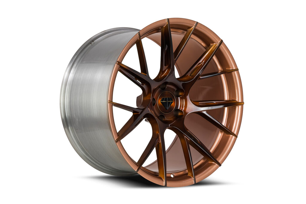 Blaque Diamond BD-F18 Custom Finish Brushed Sable Brown Face with Brushed Rose Gold Barrel Flow Forged Series Wheel Product Photo