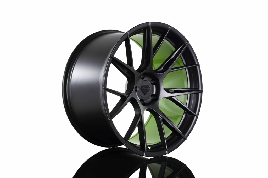 Blaque Diamond BD-F18 Custom Finish BD-F18 Satin Black Face with Go Green Barrel Flow Forged Series Wheel Product Photo