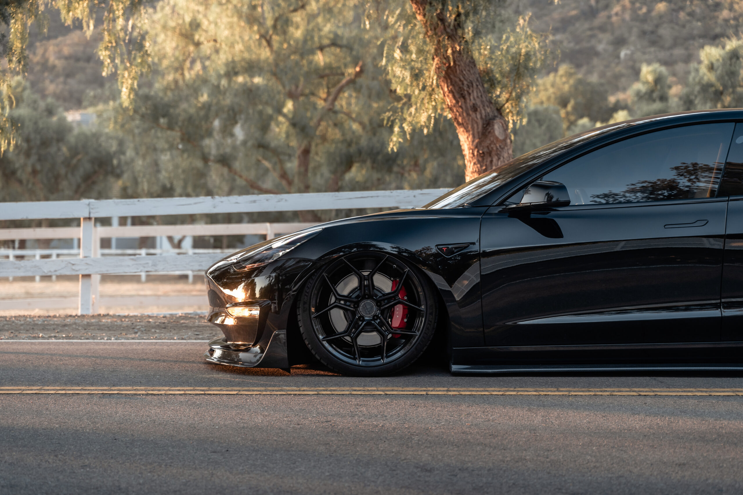 An All Black Bagged 2019 Tesla Model 3 Performance on Blaque Diamond BD-F25 Gloss Black Wheels