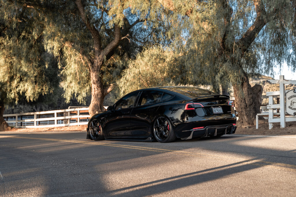 An All Black Bagged 2019 Tesla Model 3 Performance on Blaque Diamond BD-F25 Gloss Black Wheels