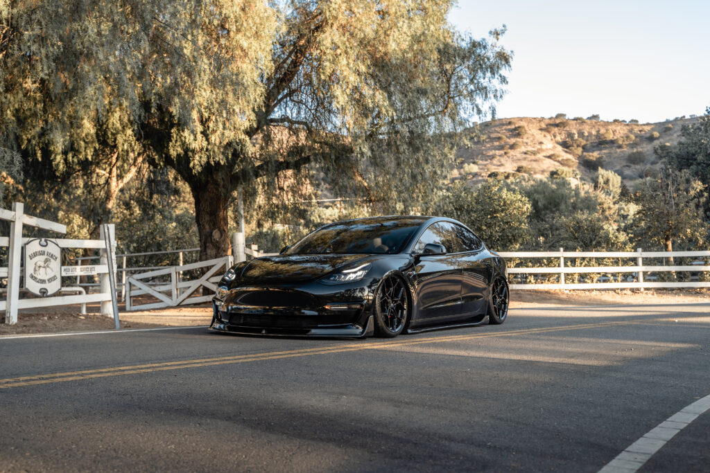 An All Black Bagged 2019 Tesla Model 3 Performance on Blaque Diamond BD-F25 Gloss Black Wheels