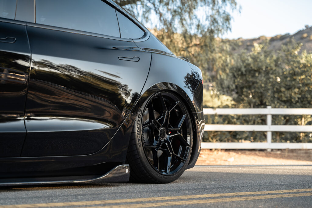 An All Black Bagged 2019 Tesla Model 3 Performance on Blaque Diamond BD-F25 Gloss Black Wheels